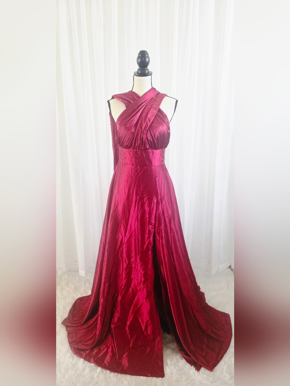Elegant Women's Burgundy Cross-Neck Evening Gown